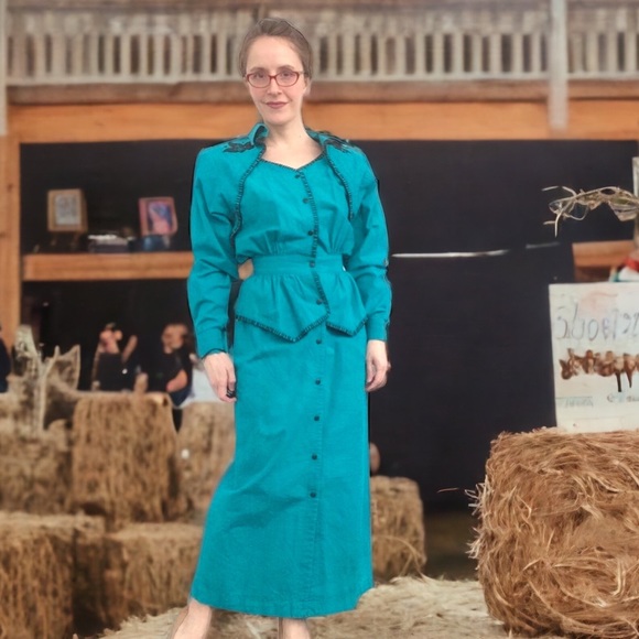 Vintage 80s Cotton Country Western Dress Choker Neck XS - Picture 4 of 4